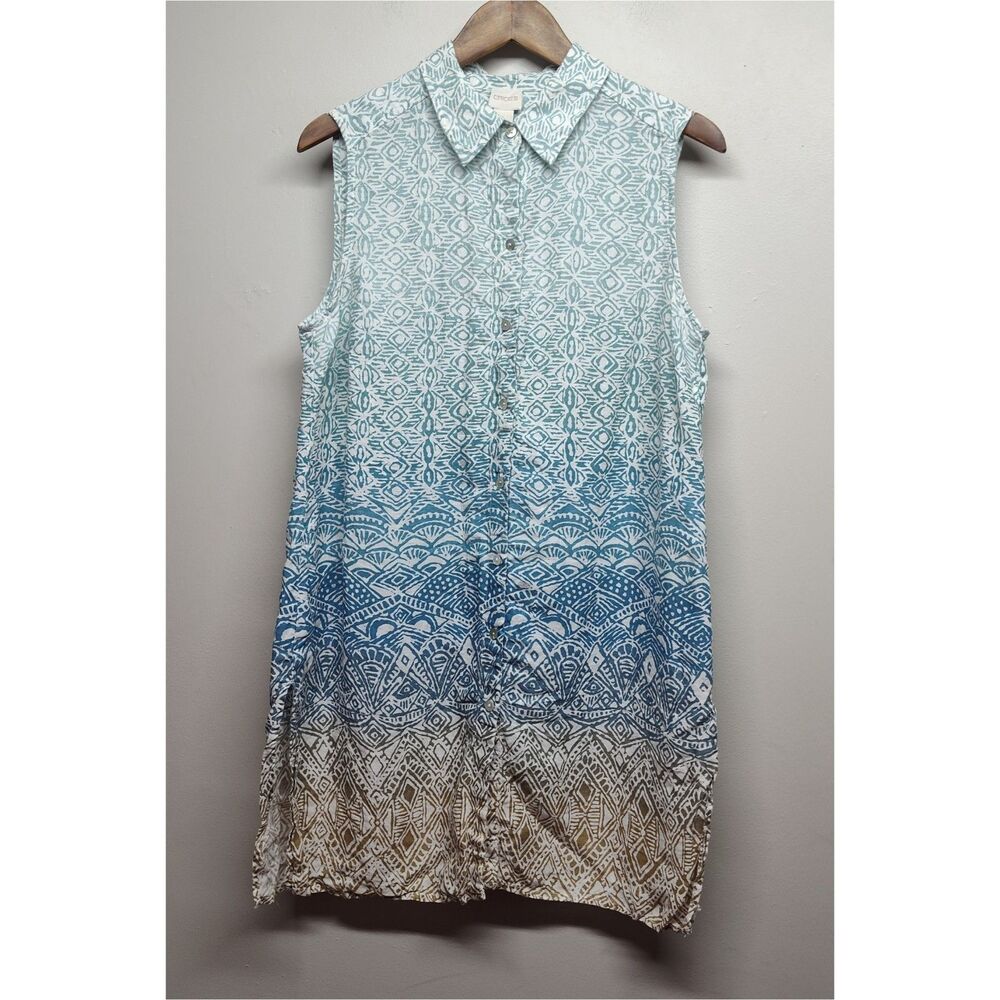 Chico's Mini Dress Women Size M (1) Blue Tan Sleeveless Beachy Vacation Resort